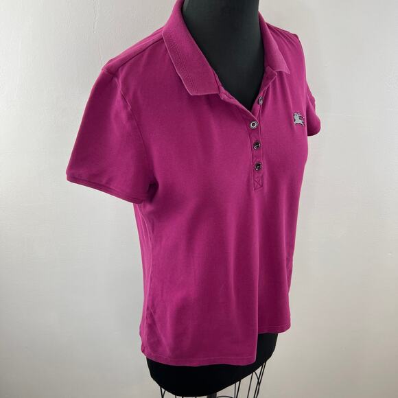 Burberry Brit Women's Pink Magenta Short Sleeve Cotton Polo Shirt Metal Logo L - Picture 3 of 8